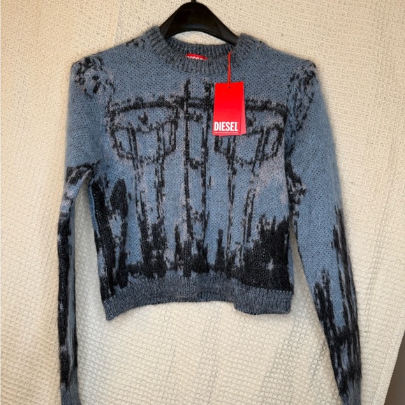 Diesel Blue Black Abstract Crew Neck Sweater Italy